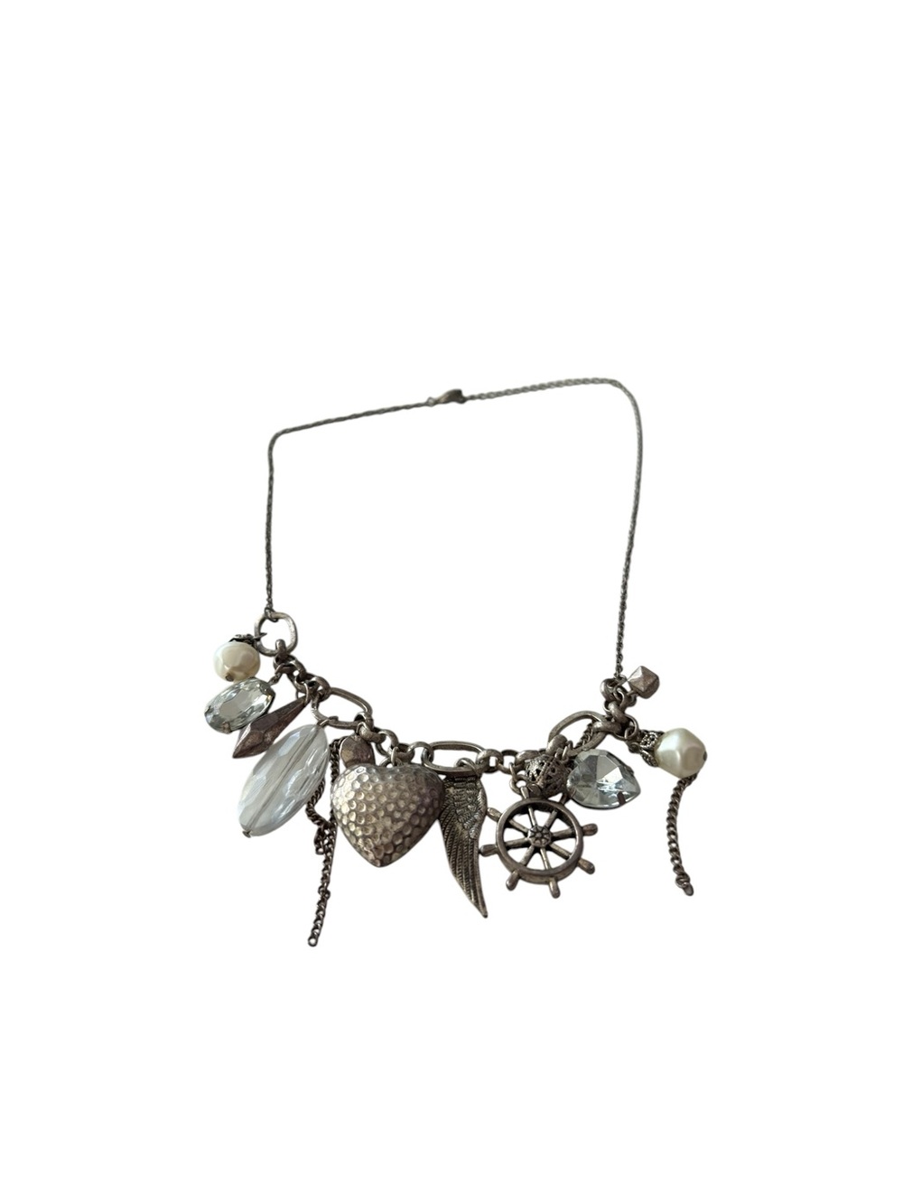 Silver Charm Statement Necklace with Crystals & Pearls